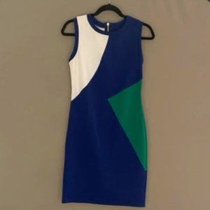 CYNTHIA ROWLEY SHEATH DRESS, BLUE WHITE & GREEN DRESS